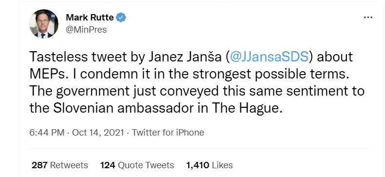 Mark Rutte je protestiral proti načinu tvitanja Janeza Janše