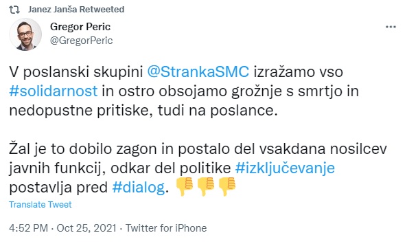 Janša je na Twitterju delil tudi tvit in podporo poslanca SMC