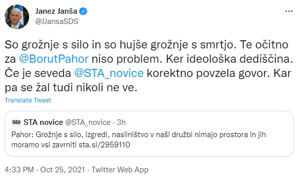 Janša je pošiljko izkoristil tudi za to, da se je (ponovno) obregnil ob STA