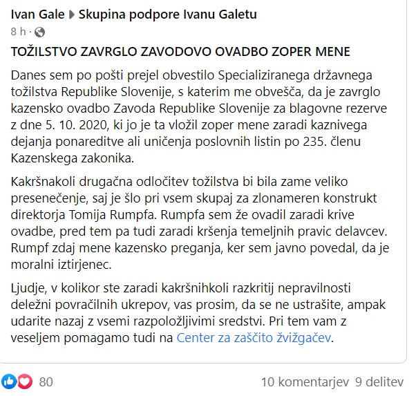 Zapis Ivana Galeta na Facebooku