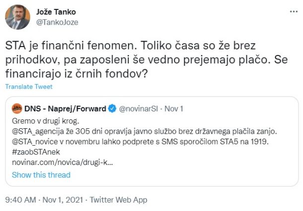 Tvit Jožeta Tanka, vidnega člana SDS