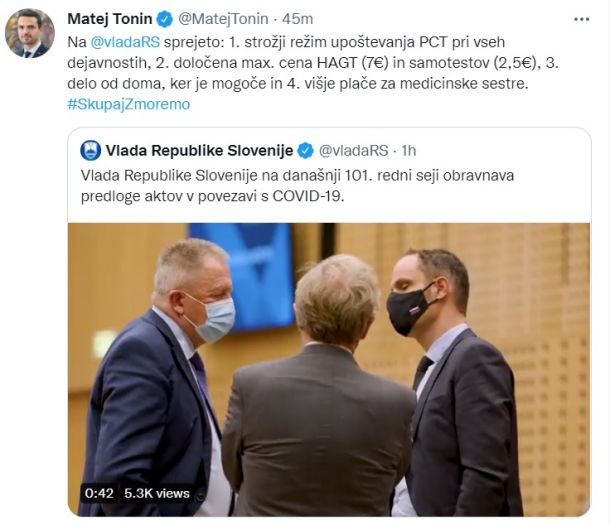 Tvit ministra za obrambo Mateja Tonina