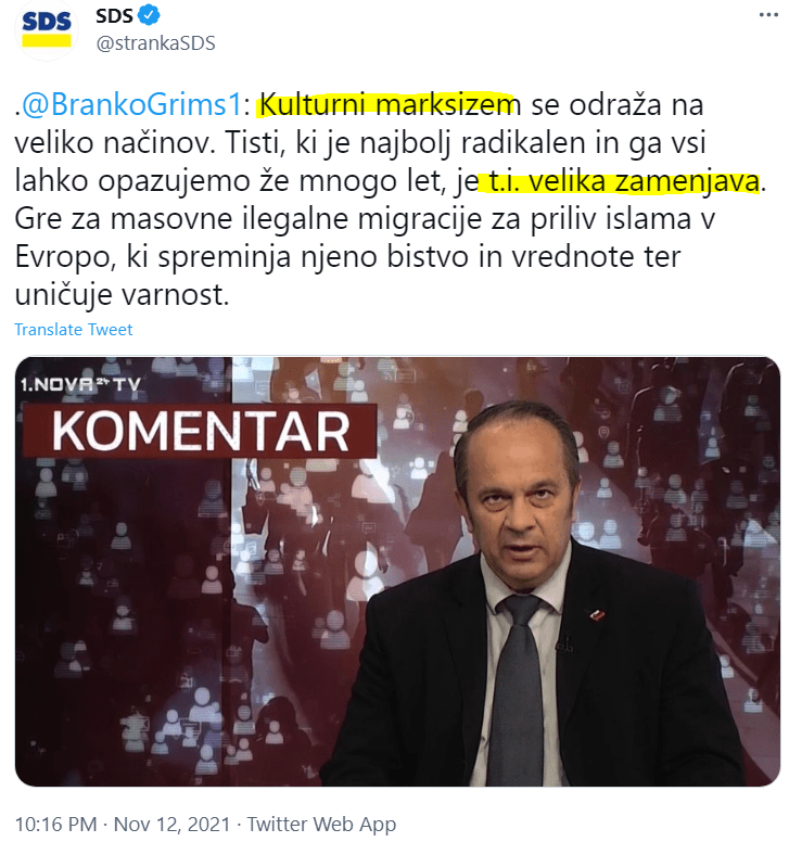 Vladajoča SDS tudi tokrat o kulturnem marksizmu in značilni tezi identitarcev: veliki zamenjavi