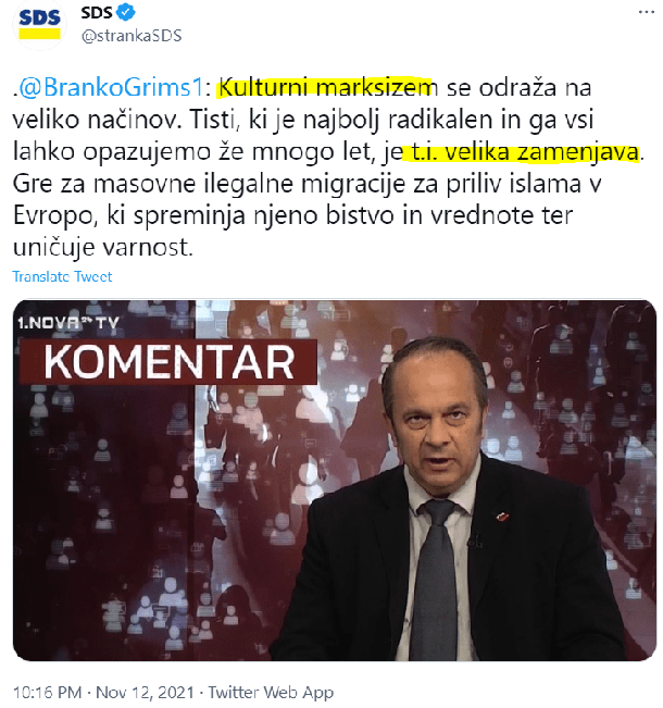 Vladajoča SDS tudi tokrat o kulturnem marksizmu in značilni tezi identitarcev: veliki zamenjavi