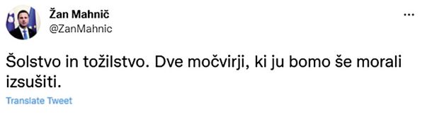 Nedavni tvit Žana Mahniča, državnega sekretarja za nacionalno varnost v kabinetu predsednika vlade. 