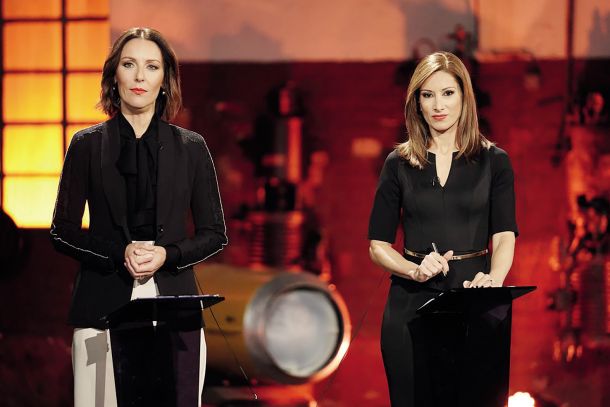 Maja Sodja (POP TV) in Erika Žnidaršič (TV Slovenija) v skupni oddaji Skupaj naprej