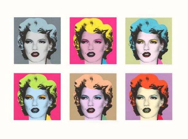 Banksyjeva upodobitev Kate Moss, navdahnjena po Warholovi upodobitvi Marilyn Monroe iz leta 1962