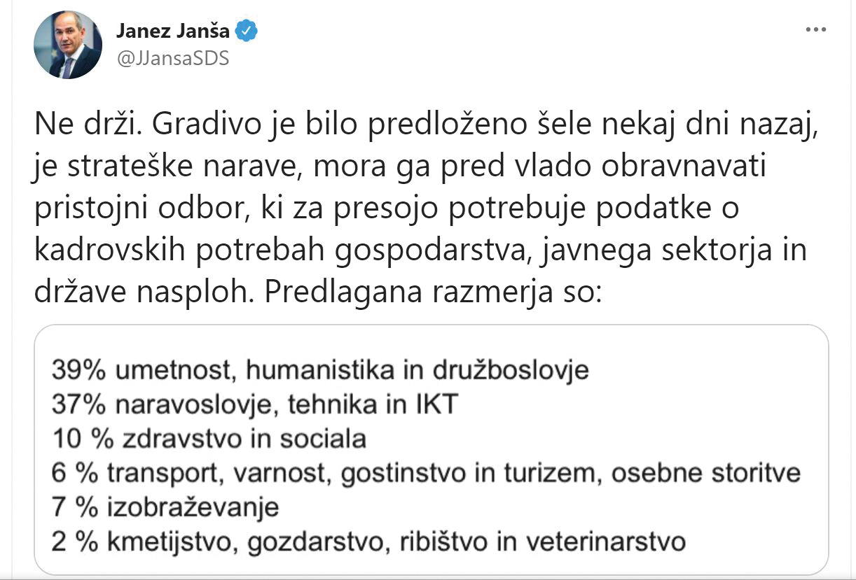 Janšev odgovor na navedbe, da je vlada po nepotrebnem umaknila soglasje k razpisu študijskih mest.