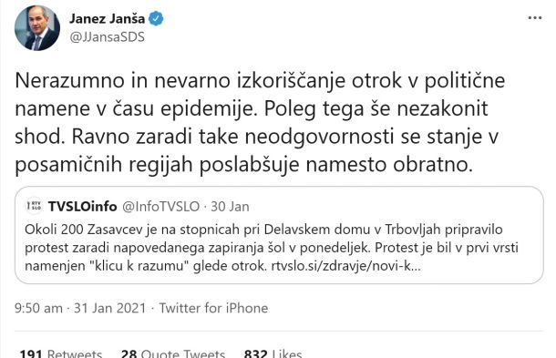 Janša je v nedeljo starše, ki so protestirali zaradi zaprtja šol, obtožil, da v politične namene izkoriščajo otroke. 