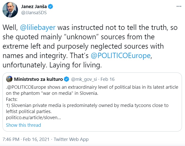 Janšev napad na novinarko časnika Politico