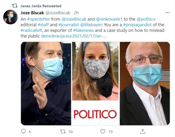 Janša je delil tudi tvit urednika Demokracije, v katerem 