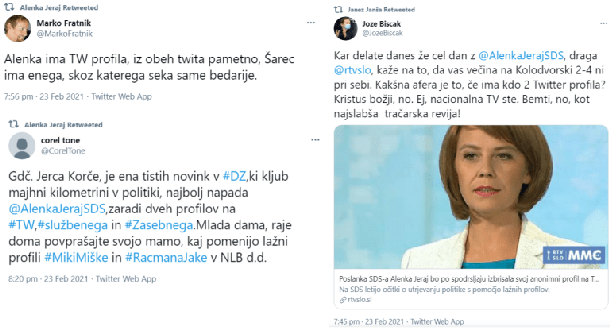 Nekaj odzivov na poslankin lažni profil, ki jih je retvitala sama