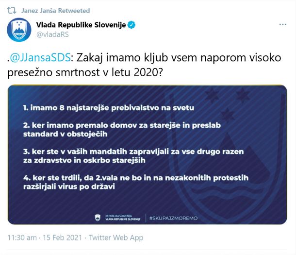 Vlada sporoča, da so za visoko število smrti krivi tudi tisti, ki so na »nezakonitih protestih razširjali virus po državi«. 