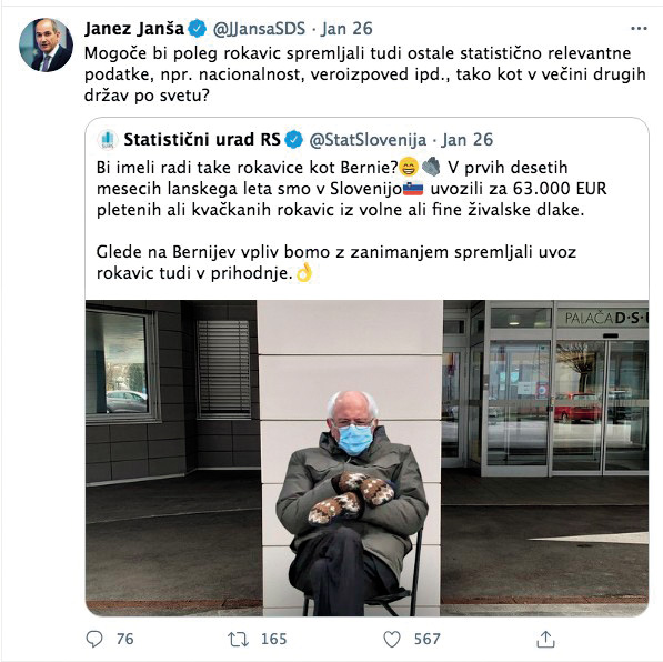 Tvit, ki ga je predsednik vlade Janez Janša objavil 26. januarja.