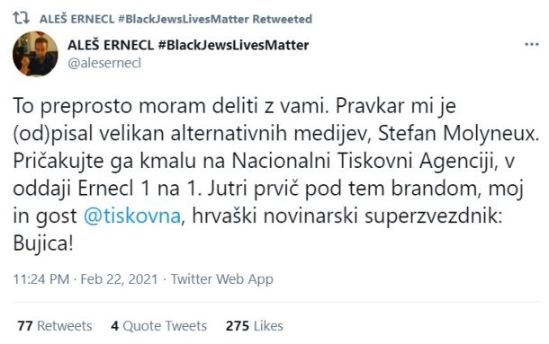 Objava na Twitterju urednika NTA