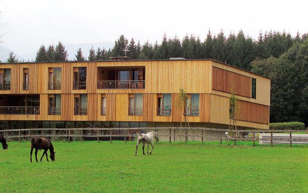 Dom starejših v avstrijskem Steinfeldu biroja Dietger Wissounig Architekten z leseno fasado in odprtimi prostori stavbo približa lokalnim značilnostim.