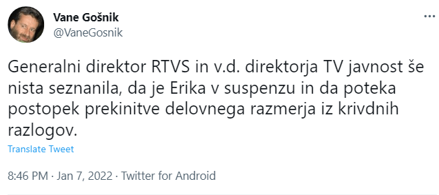 Programski svetnik, ki je lansiral tezo o suspenzu voditeljice