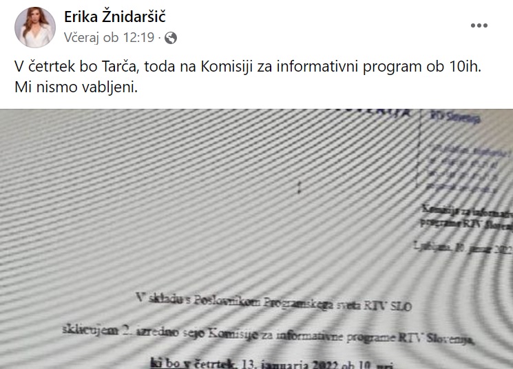 Zapis voditeljice Tarče na Facebooku