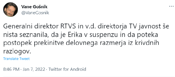 Programski svetnik, ki je lansiral tezo o suspenzu voditeljice