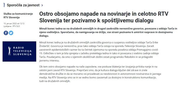 Izjava za javnost RTV Slovenija