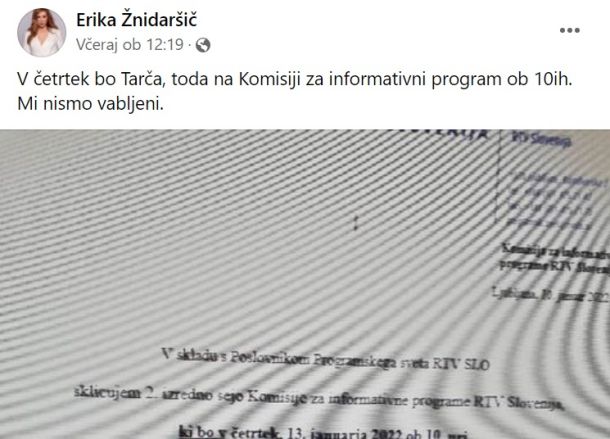 Zapis voditeljice Tarče na Facebooku