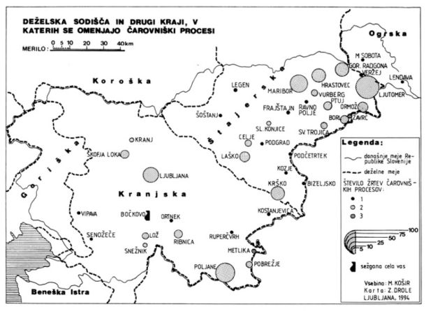 Zemljevid iz knjige Čarovnice Matevža Koširja in Marjete Tratnik Volasko, ki je izšla leta 1995 pri Znanstvenem in publicističnem središču