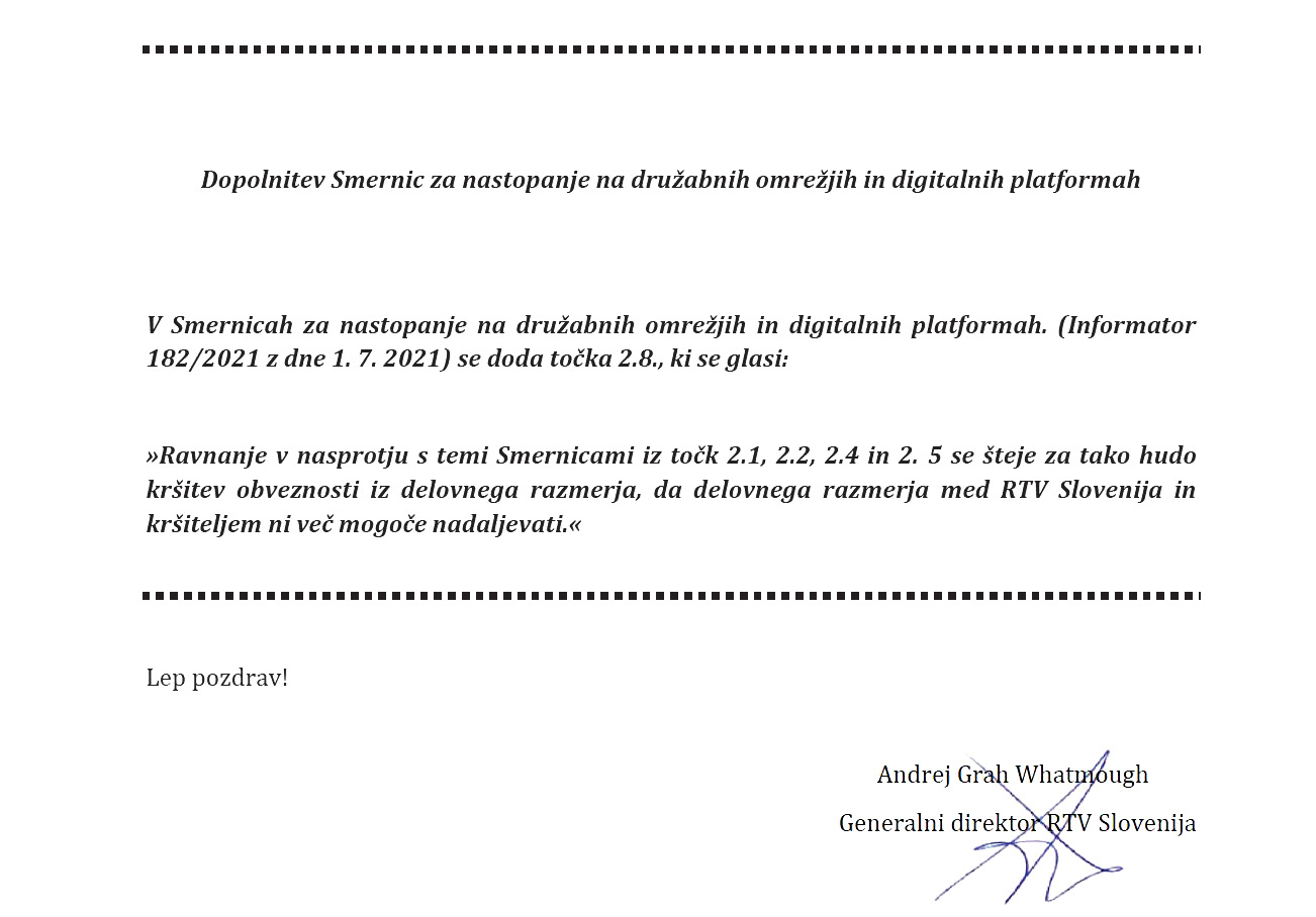 Po predlogu generalnega direktorja RTV Slovenja bi lahko tisti, ki bodo kršili smernice obnašanja na družbenih omrežjih, izgubili službo.