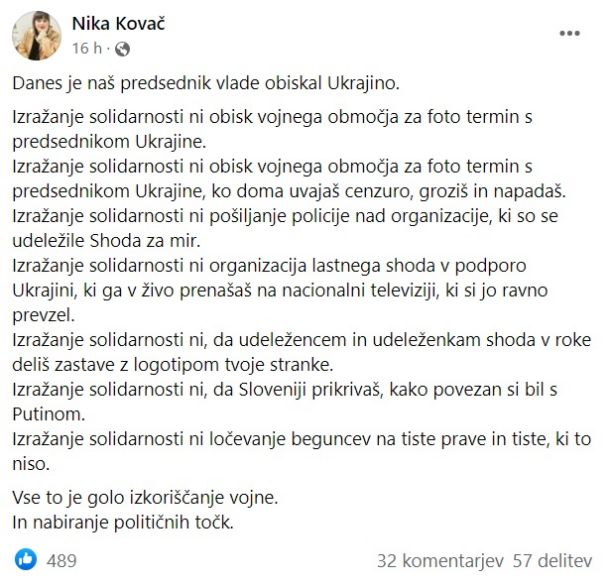 Zapis Nike Kovač, direktorice Inštituta 8. marec, na Facebooku