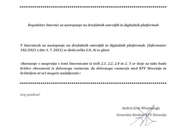 Po predlogu generalnega direktorja RTV Slovenja bi lahko tisti, ki bodo kršili smernice obnašanja na družbenih omrežjih, izgubili službo. 