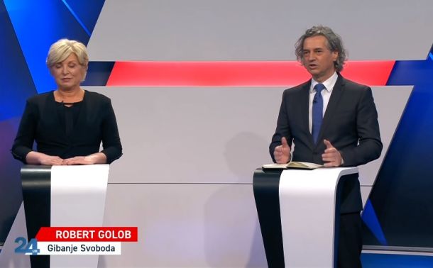 Romana Tomc (SDS) in Robert Golob (Gibanje Svoboda) na drugem predvolilnem soočenju na POP TV 