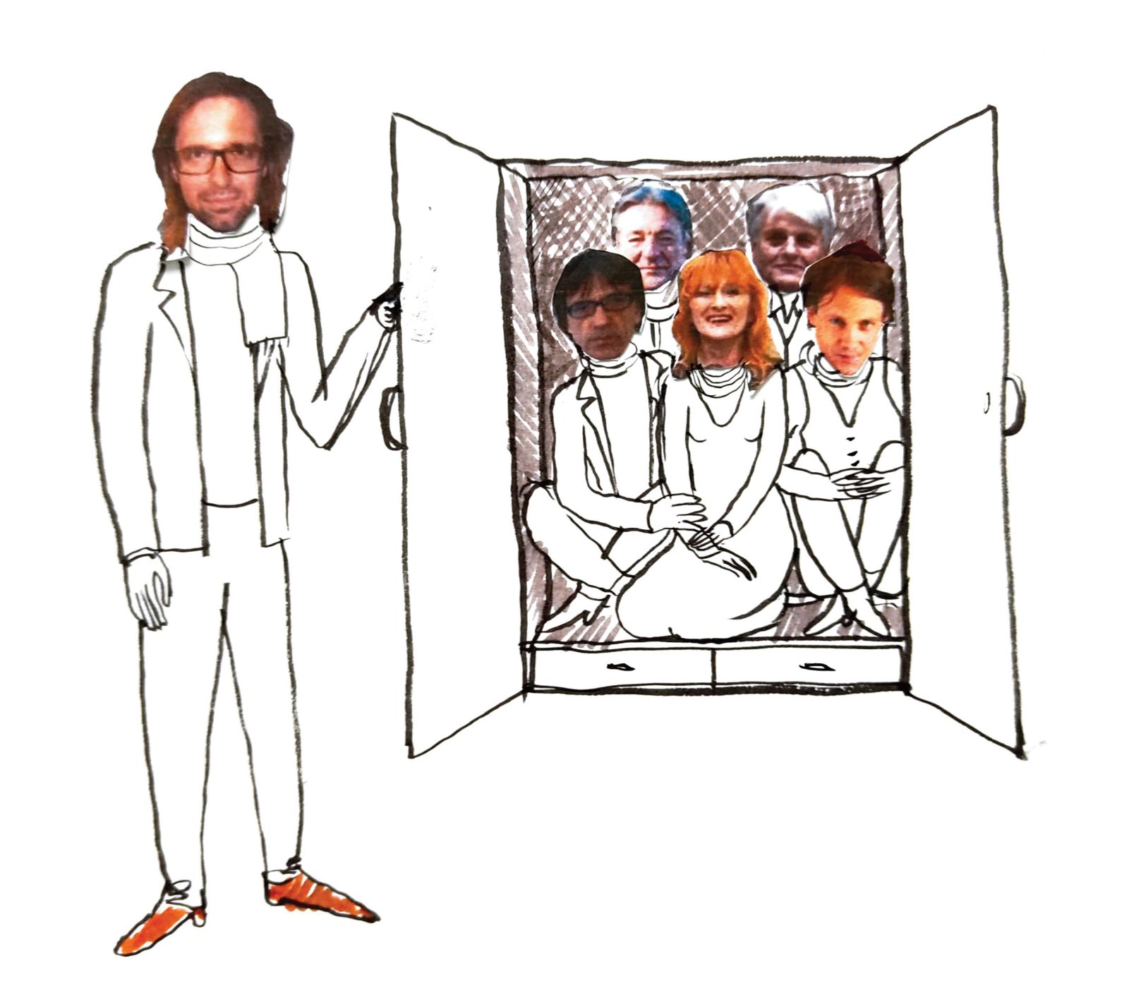 Karikatura neznanega avtorja upodablja direktorja Moderne galerije dr. Aleša Vaupotiča (levo) in okostnjake v njegovi omari: ministra Vaska Simonitija, člana sveta Moderne galerije Aleksandra Bassina, novomedijskega umetnika Sreča Dragana, skrbnico Moderne galerije na ministrstvu Judito Krivec Dragan in pomočnika direktorja Moderne galerije Roberta Simoniška.
