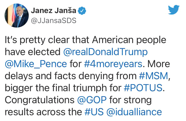 Tvit predsednika vlade Janeza Janše v času ameriških volitev, na katerih Trump ni zmagal 