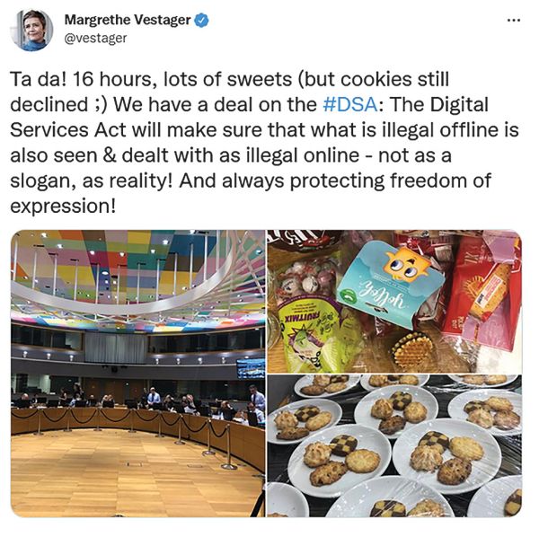 Vzneseni tvit Margrethe Vestager ob potrditvi evropskega akta o digitalnih storitvah 