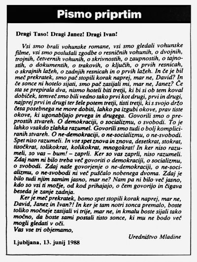 Pismo Marcela Štefančiča, jr., zaprtim v vojaškem zaporu (med njimi je bil tudi Janez Janša) v Mladini leta 1988