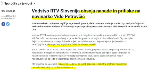 Sporočilo vodstva RTV Slovenija