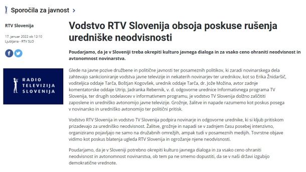 Sporočilo za javnost vodstva RTV Slovenija oziroma službe za odnose za javnostmi
