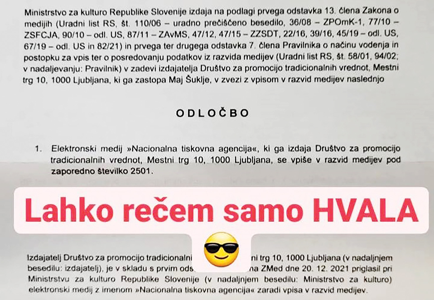 Uradna odločba o vpisu v razvid medijev (s pripisom)