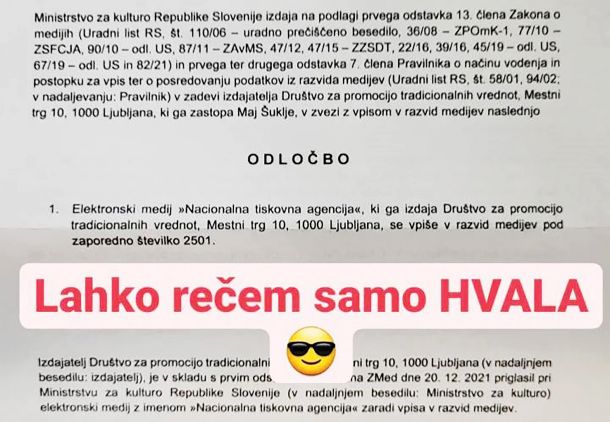 Uradna odločba o vpisu v razvid medijev (s pripisom)