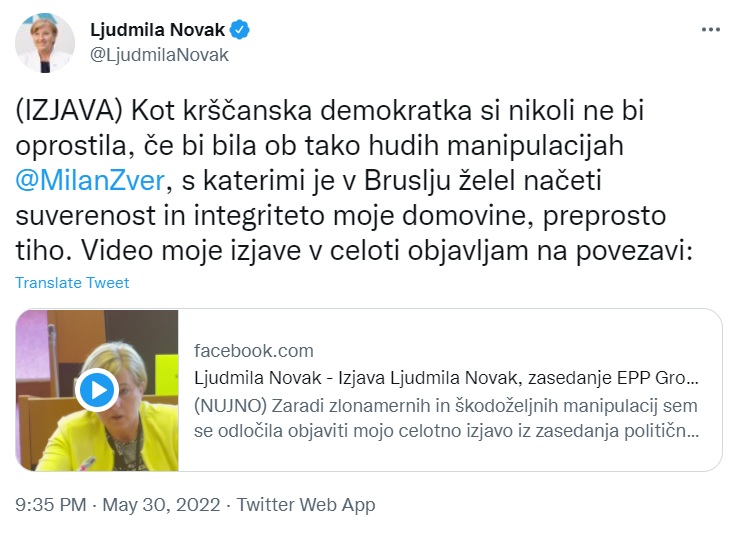 Ljudmila Novak je tudi na Twitterju objavila svojo izjavo, v kateri je ostro kritizirala Janeza Janšo
