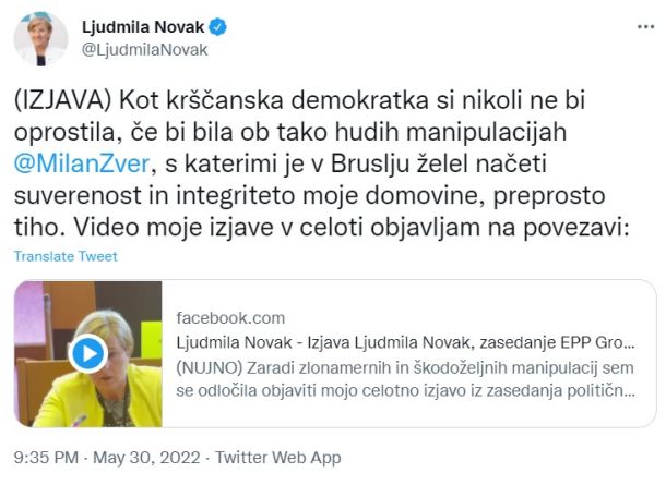 Ljudmila Novak je tudi na Twitterju objavila svojo izjavo, v kateri je ostro kritizirala Janeza Janšo 