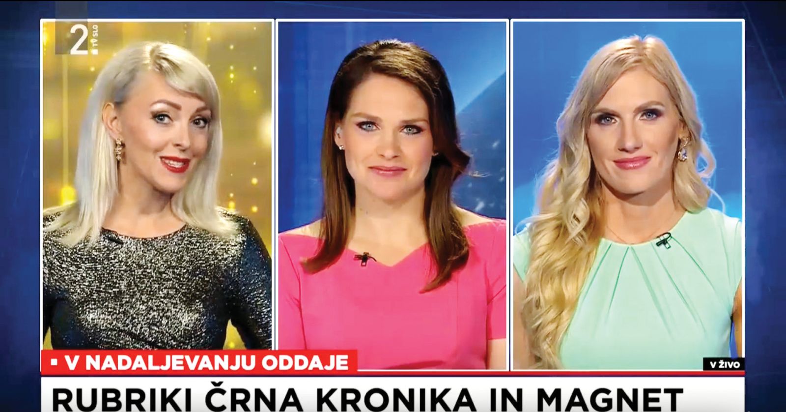 Voditeljica Andreja Gregorič (v sredini) napove rubriki Magnet in Črna kronika.