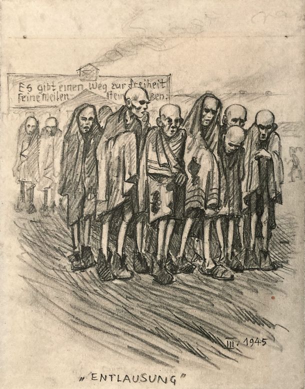 Taboriščniki v Dachau na mrazu čakajo na dezinfekcijo / Ilustracija: Vlastimir Kopač, ki je bil taboriščnik v Dachau v letih 1944 in 1945. 