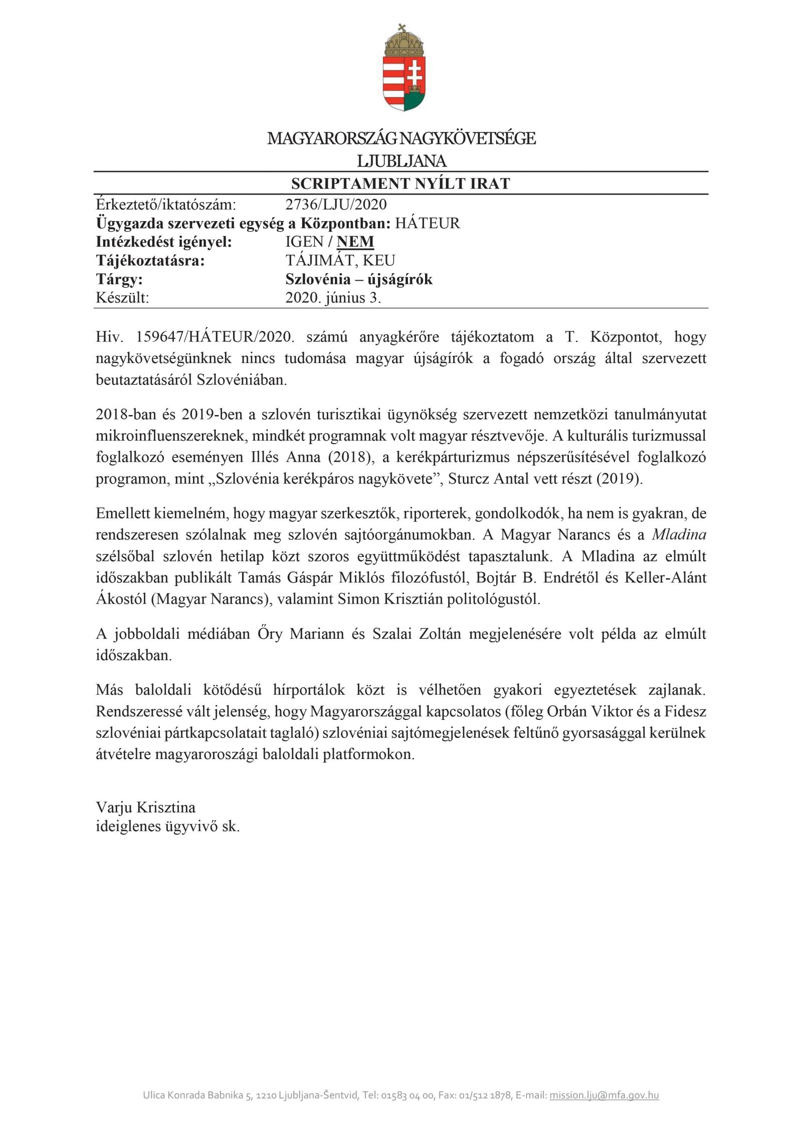 Depeša madžarskega veleposlaništva v Ljubljani o sumljivih in nevarnih povezavah madžarskih novinarjev z Mladino