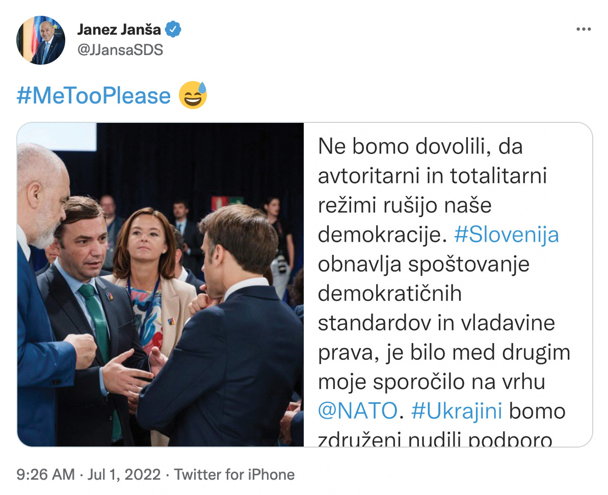 Janez Janša je, ko je videl fotografijo Tanje Fajon, ki je stala zraven uglednih evropskih državnikov, »šaljivo« tvitnil in pokazal, kako zelo ga žrejo ženske, gibanje MeToo, feminizem in nove spolne hierarhije.
