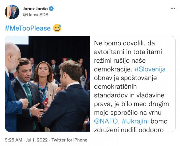 Janez Janša je, ko je videl fotografijo Tanje Fajon, ki je stala zraven uglednih evropskih državnikov, »šaljivo« tvitnil in pokazal, kako zelo ga žrejo ženske, gibanje MeToo, feminizem in nove spolne hierarhije.