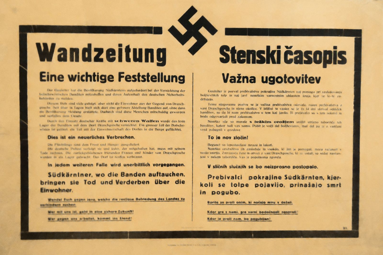Stenski časopis poroča o banditih in dobrih Nemcih in poziva na kolaboracijo. Gorenjska ne obstaja, je samo Južna Koroška in to v nemščini.