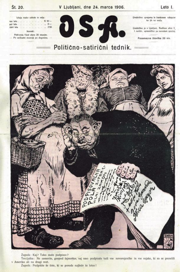 Naslovnica političnosatiričnega tednika Osa iz leta 1906. Karikatura kaže, kako duhovniki po Kranjskem zbirajo podpise zoper predvideno spremembo poročnega prava, ki naj bi olajšala ločitve. 