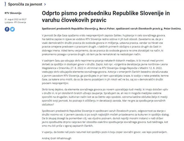 Zadnje pismo generalnega direktorja: sebe vidi kot žrtev sovražnega govora