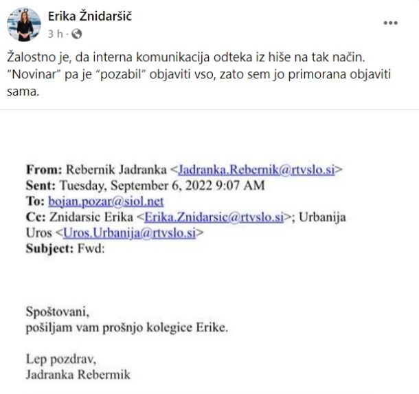 Zapis Erike Žnidaršič na Facebooku in razkritje skrivne komunikacije politično nastavljene odgovorne urednice informativnega programa TV Slovenija Jadranke Rebernik 