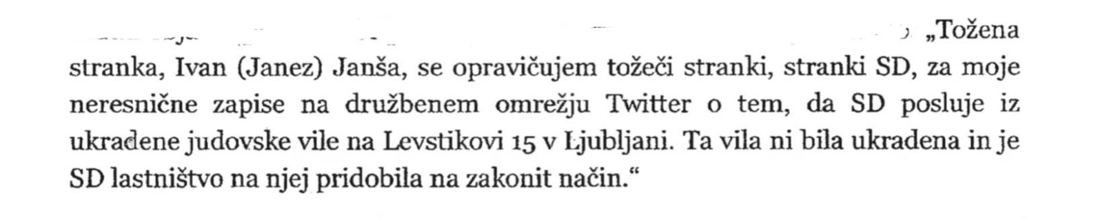 Janša je dele opravičila moral objaviti tudi na Twitterju
